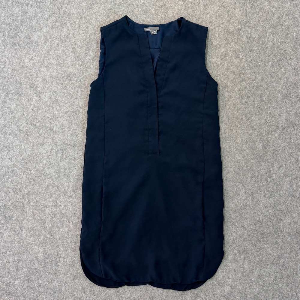 Vince Navy Blue 100% Silk Sleeveless Shift V-Neck Mini Dress Women's Size 4